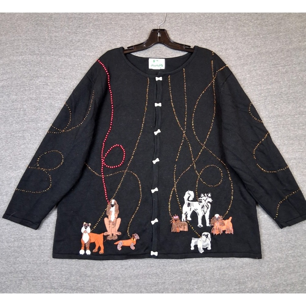 Quacker Factory Womens Sweater 1X Black Cardigan Dog Bone Beaded Whimsy Grannie